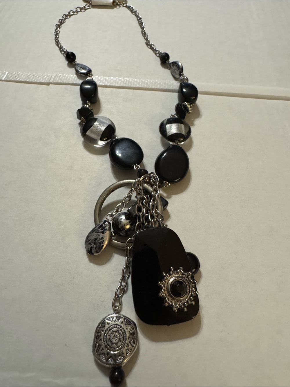 Black and Silver Multi-Charm Pendant Necklace - Women Jewelry